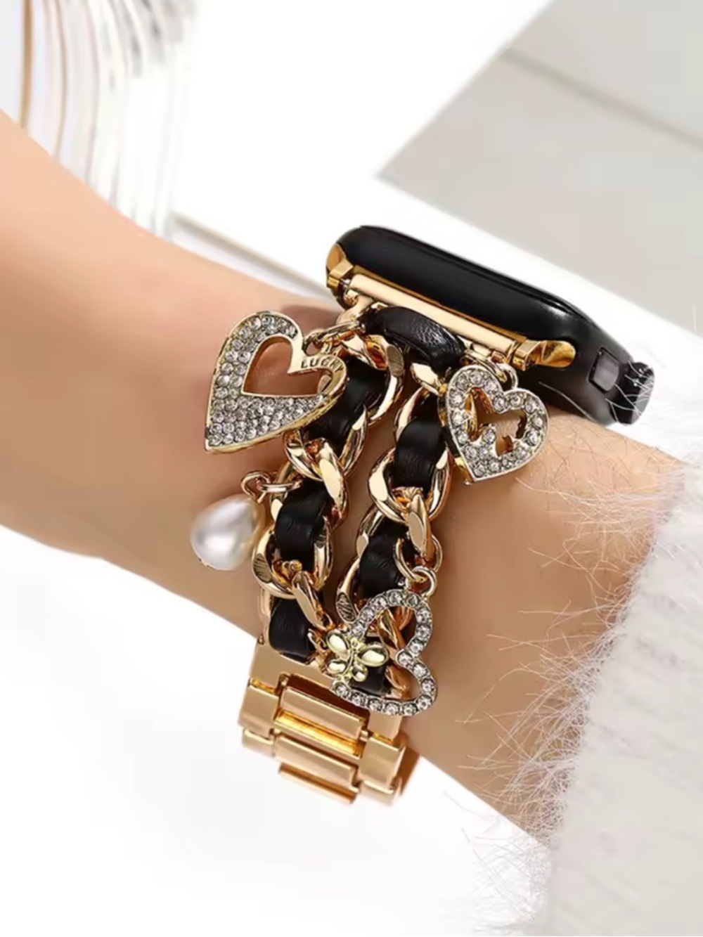 Nordstrom Gold and Black Heart Charm Bracelet Watch Band 38-49mm